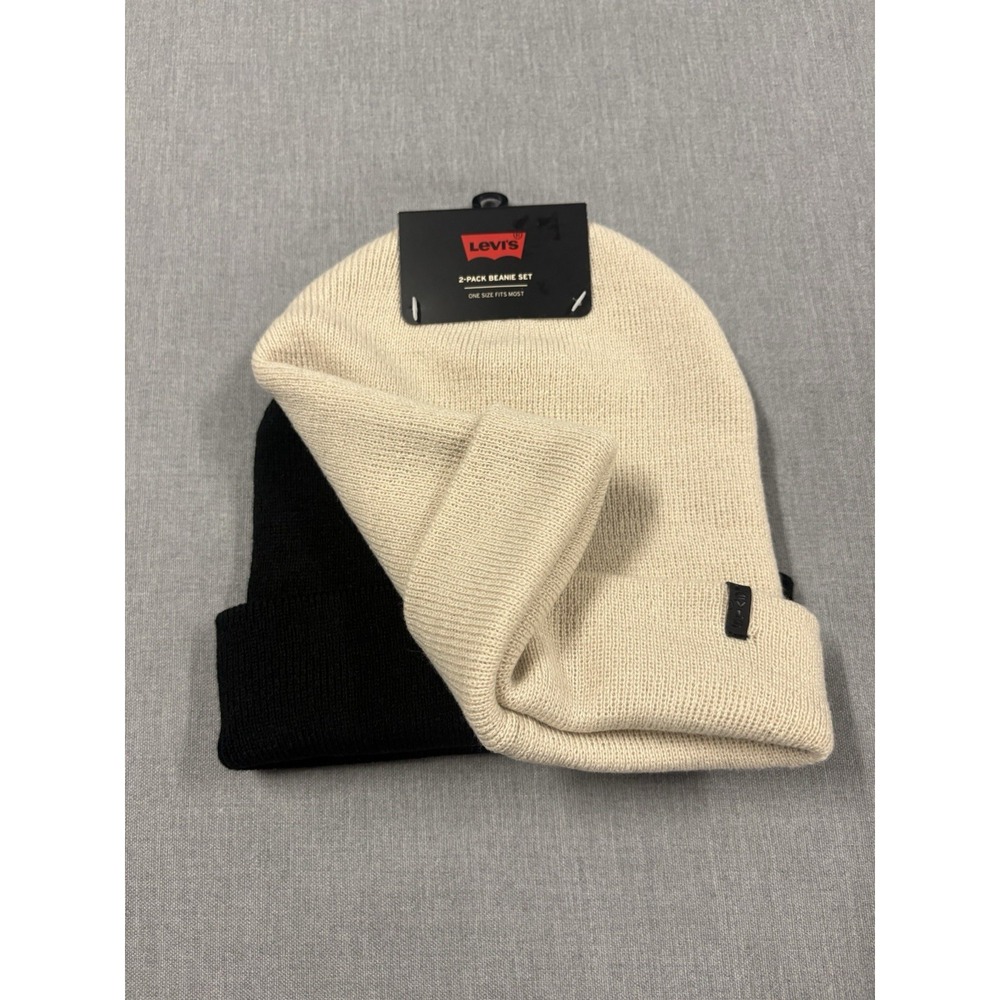 Levi's 2-Pack Beanie Set One Size Black & Cream Cuffed Knit Hats Unisex NWT